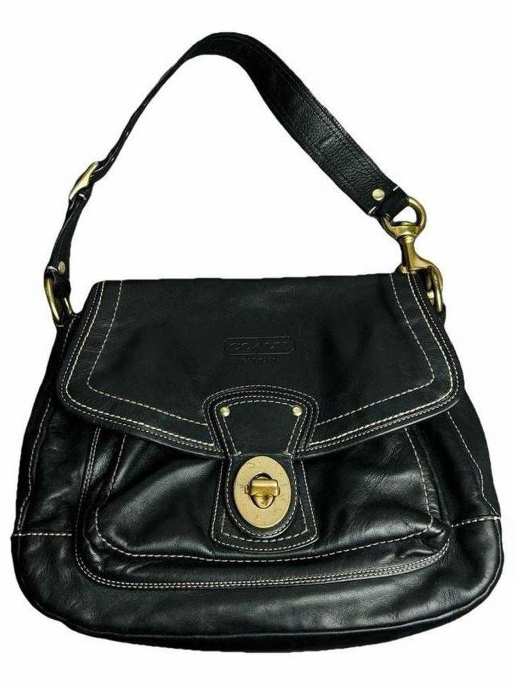 Vtg Coach Black Leather Shoulder Bag with Gold-Tone Hardware
